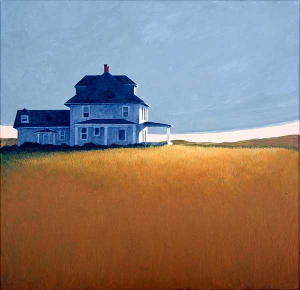 a white three story farm house in a golden field set agains a blue twilight sky