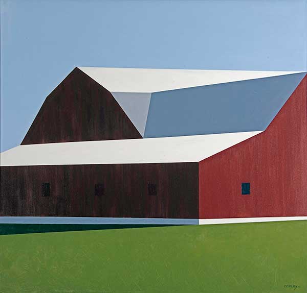 painting of a red barn with a white roof against a clear blue sky