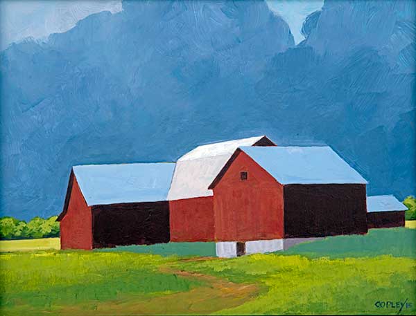 painting of a red barn in a field of green grass against a blue storm clouded sky