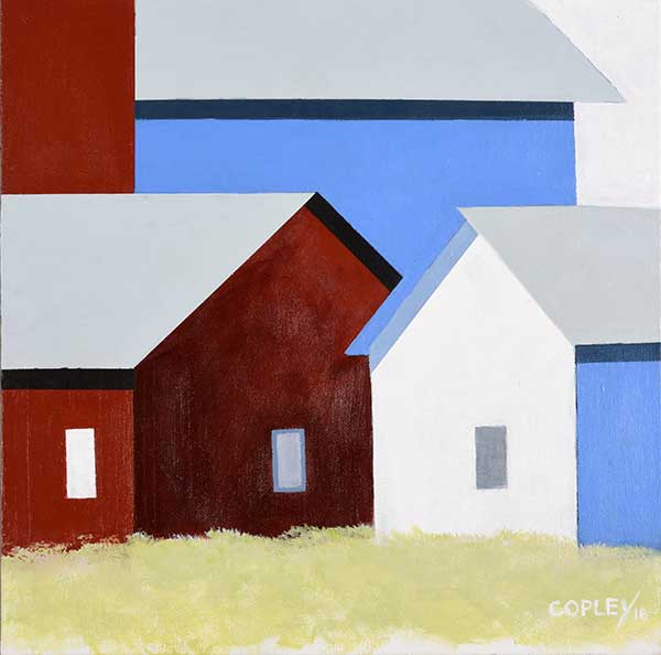 a geometric painting of three buildings, on red, one blue and one white.