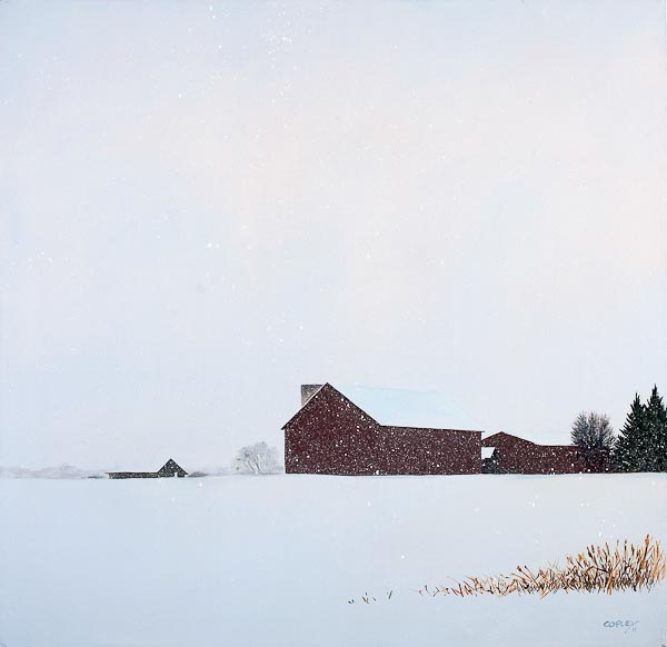 painting of a snowy farm scene