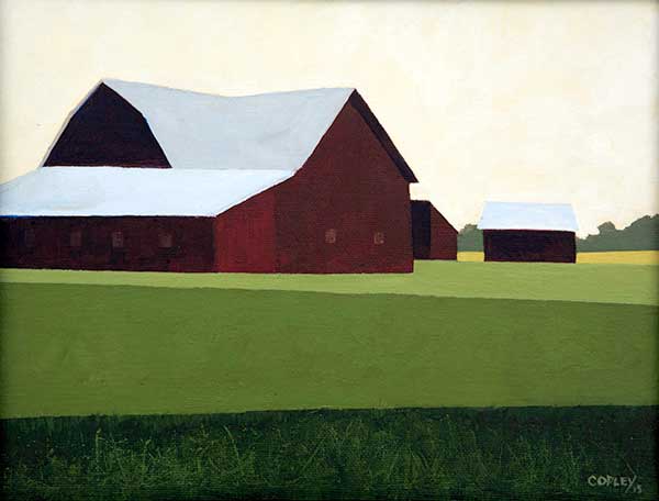 painting of a red barn set on a hill with green fields in front against a cream colored morning sky