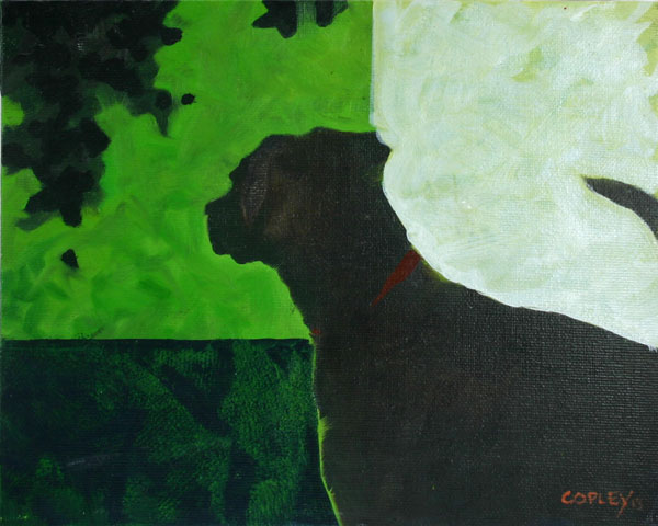 painting of a silhoutte of a dog looking out of a window