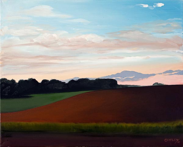 painting of a sunsset over farm fields