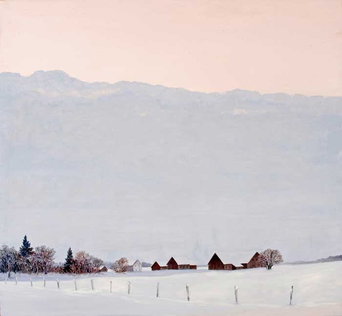 painting of a farm on a snow covered hill and mostly sky
