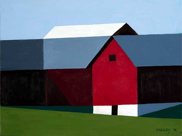 painting of a red barn with a steel blue and white roof with green grass in the foreground and a clear blue sky behind.