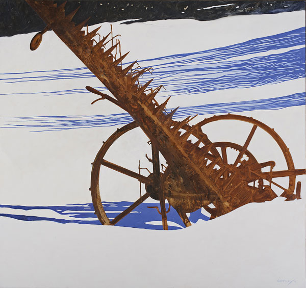 painting of a red orange rusty mower on wheels in the snow 