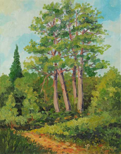 painting of pine trees on a hill top