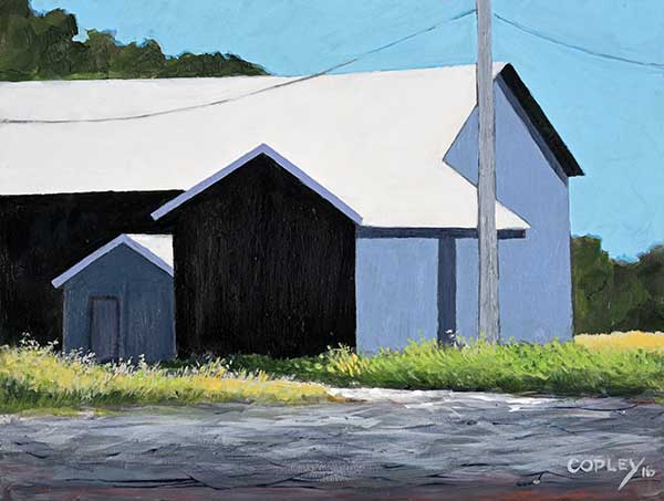 painting of a blue-grey building with a white roof set against a blue sky with a grey road and grass in the foreground. there's a telephone pole casting a shadow part way up the right side of the building