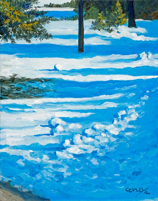 painting of a snow covered field with trees casting shadows
