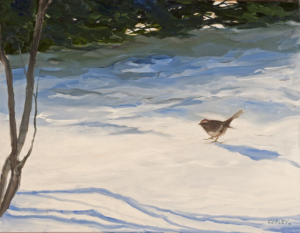 painting of a bird on a snow covered ground