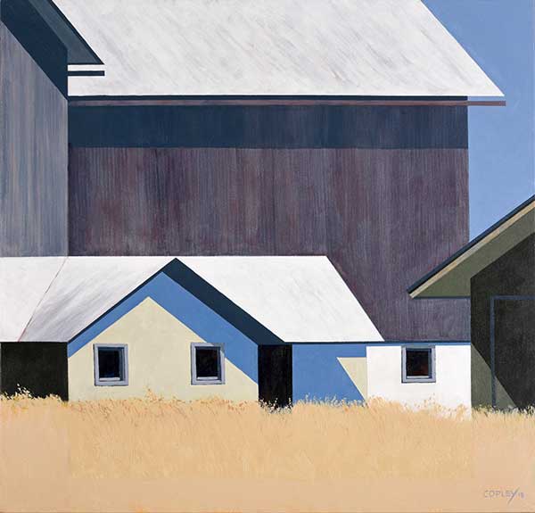 painting of multiple buildings; lower cream colored building in front of a large square dark grey barn both with white roofs. a field of golden grasses in the foreground and blue skies.