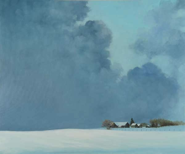 a painting of a snowy farm scene with threatening clouds.