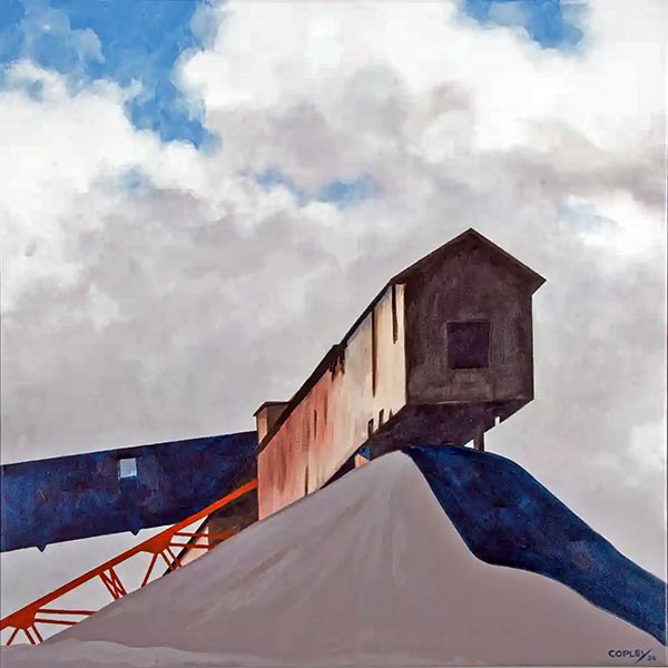 painting of a rusty long conveyor building on top of a barren hill attached to orange iron works and a blue building with a sky of blue with big fluffy clouds