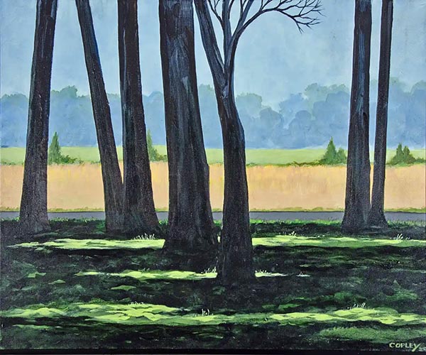 a painting of a stand of 7 trees in shadow on a sunny day with golden fields in the background and a blue sky with a mass of grey smoky clouds on the horizen
