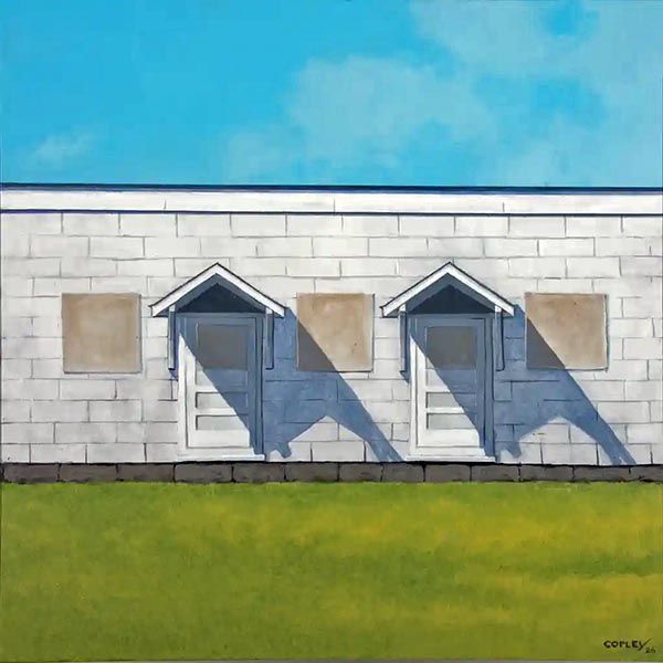 a painting of a one story, flat roofed white shingled building with 3 boarded up windows and 2 closed doors. slighly cloudy blue sky and green grass in the foreground