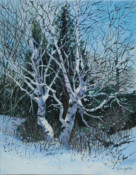 painting of a birch tree in a snowy park