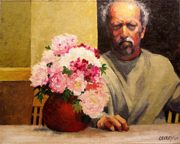 grumpy looking self portrait of a man sitting next to a vase of peonies