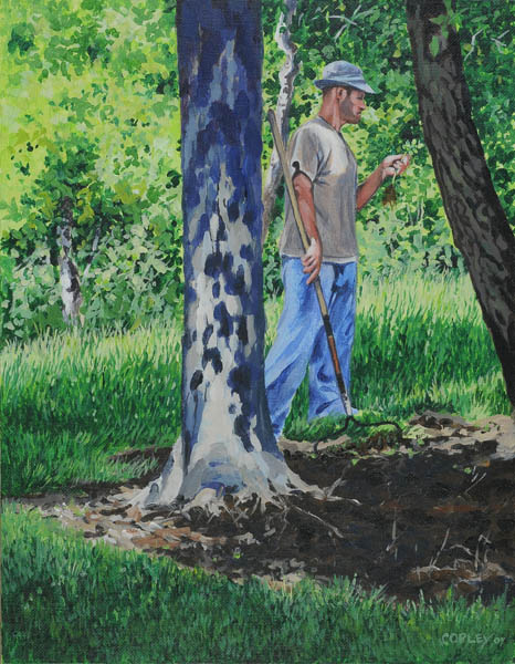 painting of a man with a rake looking at a seedling