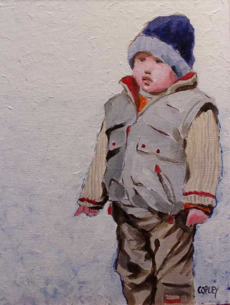 painting of a small boy all bundled up for winter