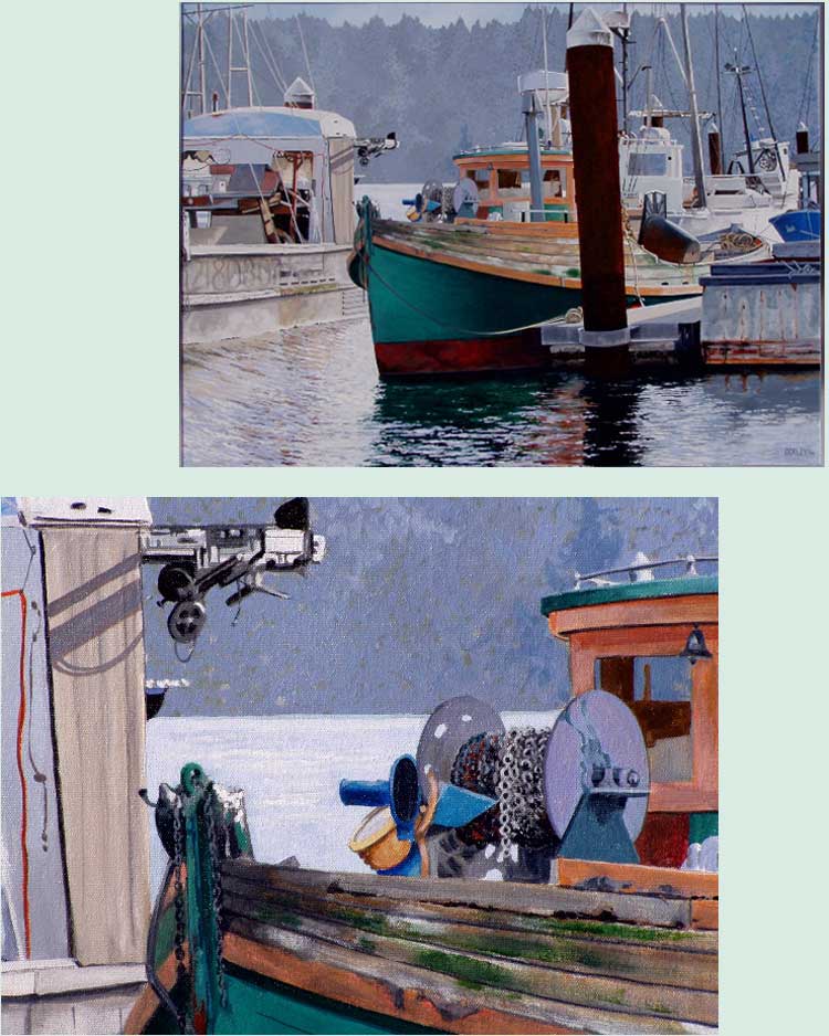 painting of boats in a harbor with closeup views