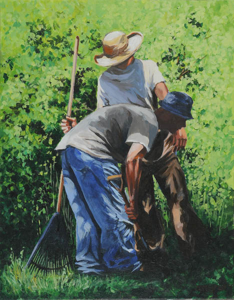 painting of two men picking up gardening tools