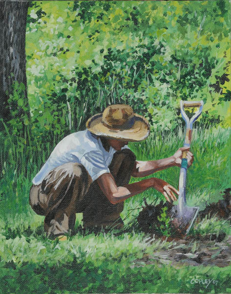 painting of a man planting a tree seedling