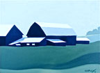 a green, white, and two shades of blue painting of barns and other buildings