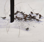 painting of lots of brwon sparrows at the base of a birdfeeder in the snow
