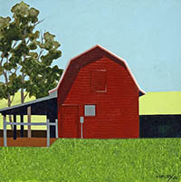 painting of a red barn with a side corral attached next to a green tree furrounded by green fields