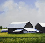 a painting of a group of barns and out buildings with a smaller bright blue building next to them against a cloud filled blue sky