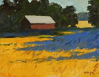 painting of a barn on the edge of a gree forest with a golden field of wheat in the foreground