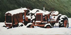 painting of two rusty old tractos covered in snow
