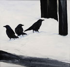 painting of 3 black crows standing in snow