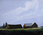 painting of mostly a blue sky with fluffy clouds with two barns beyond a greenfield of 