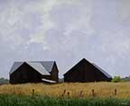 a painting of 2 barns against a cloud filled blue sky with fields of green and gold in the foreground