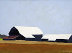 painting of barns beyond 2 golden fields against a blue sky