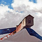 painting of a rusty long conveyor building on top of a barren hill attached to orange iron works and a blue building with a sky of blue with big fluffy clouds