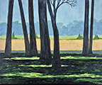 a painting of a stand of 7 trees in shadow on a sunny day with golden fields in the background and a blue sky with a mass of grey smoky clouds on the horizen