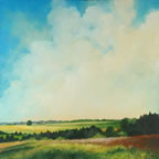 painting of ladnscape with a sweeping blue sky with fluffy white clouds