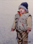 painting of a boy all bundled up for the cold
