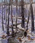 painting of a stream through the woods in winter
