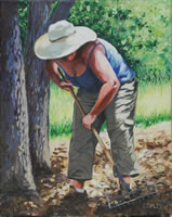 a painting of a woman raking leaves