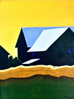 a painting of a couple of barns against a yellow sky with fields of green and gold in the foreground