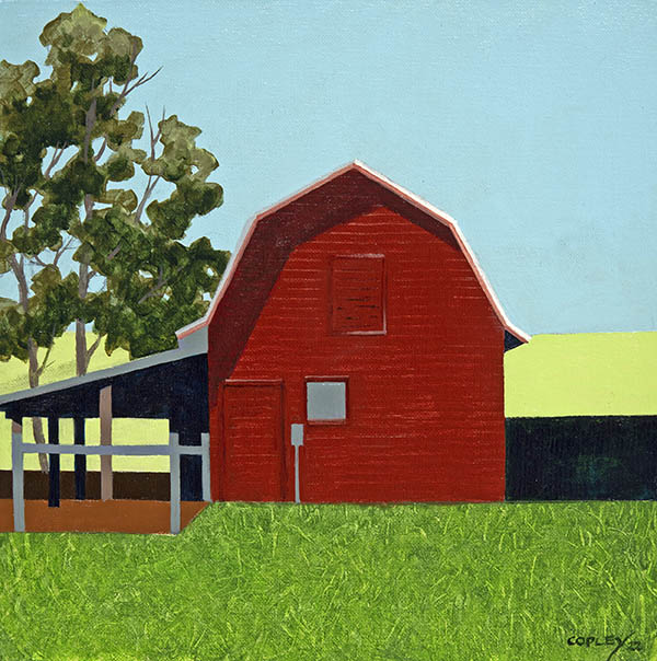 painting of a red barm next to a stand of green trees