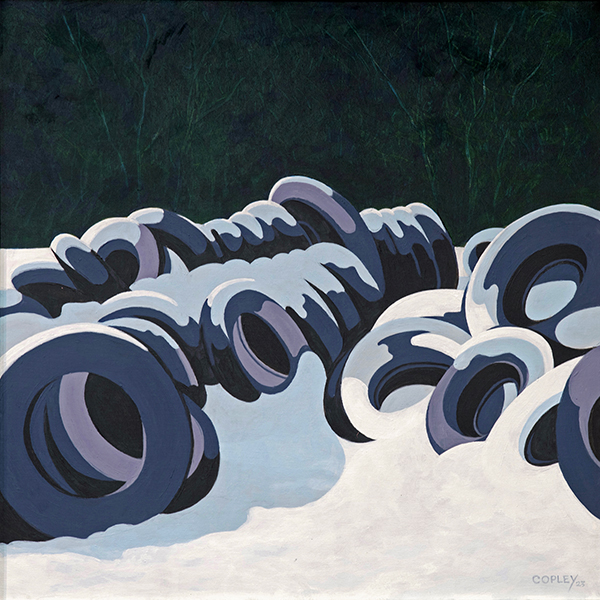 painting of two barns side by side in a snowy field against a night sky of purple twilight