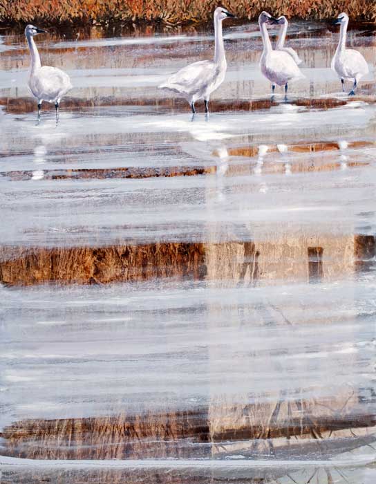 painting of swans on a frozen lake