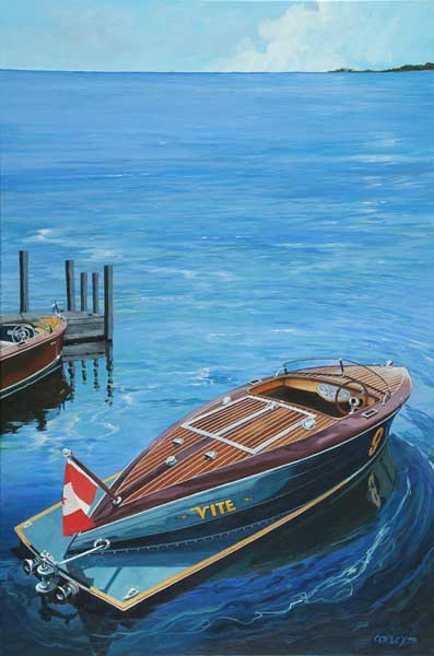 painting of a boat named Vite alongside a dock