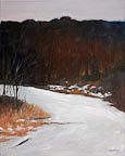 painting of a snowcovered lane through trees