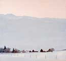 painting of a farm on a snow covered hill and mostly sky